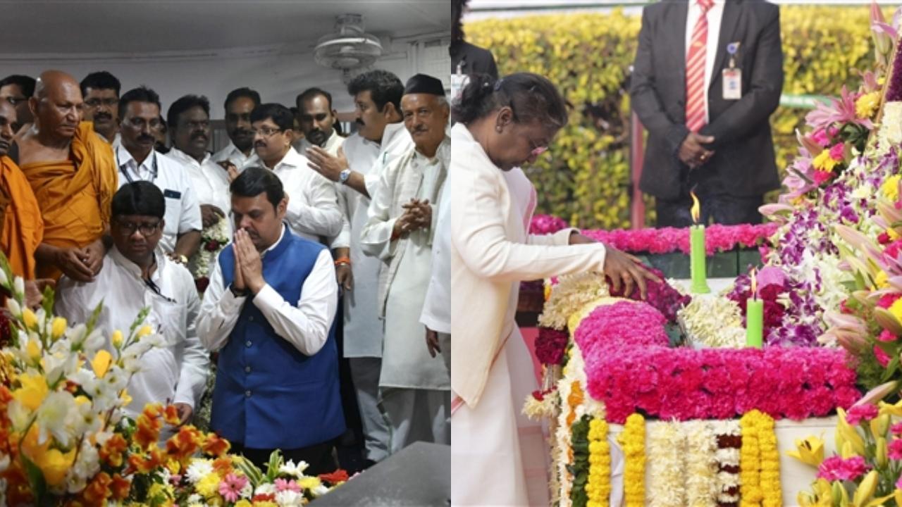 Devendra Fadnavis along with Guv (L) and President Murmu pays homage to Babasaheb B.R. Ambedkar Pic/PTI