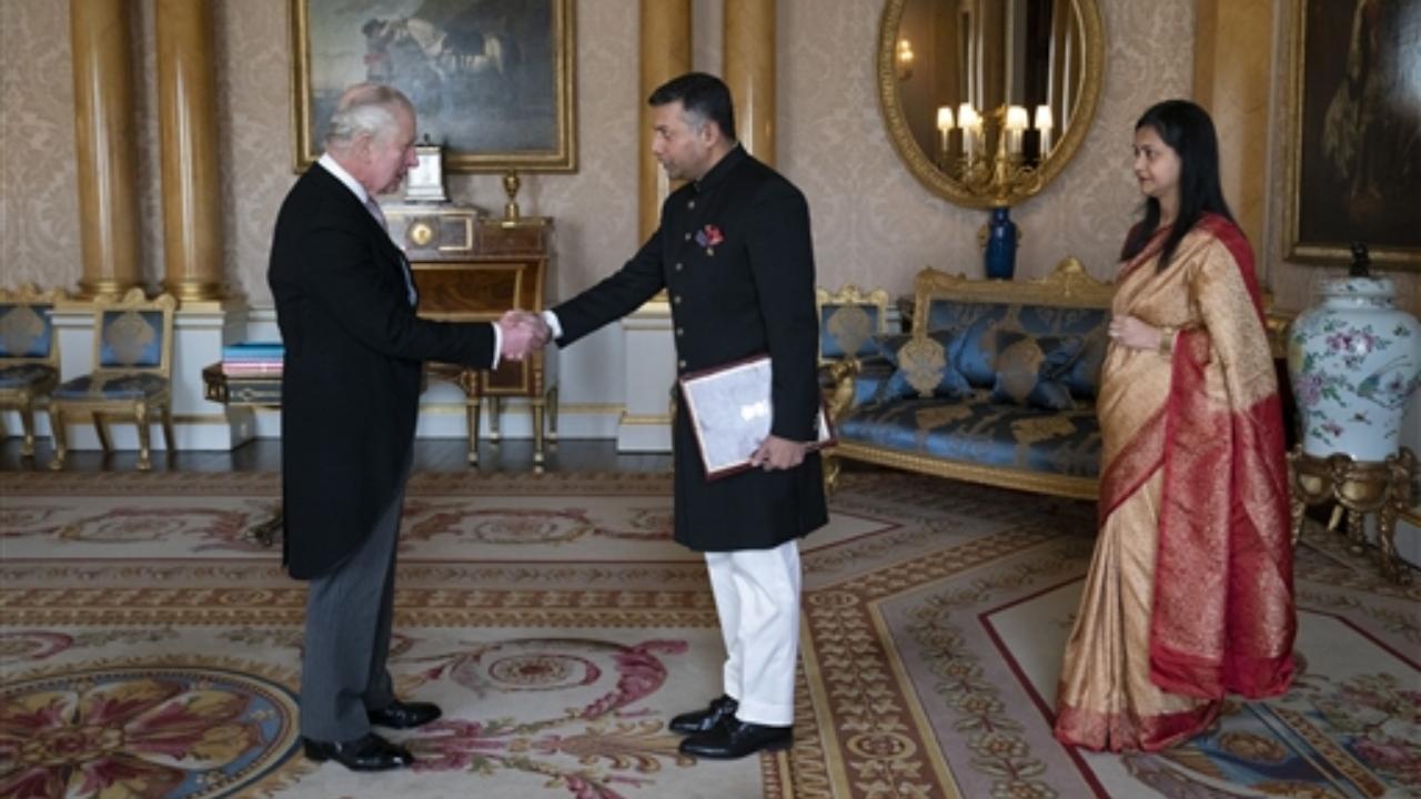 Indian High Commissioner Vikram Doraiswami presents credentials to King Charles at Buckingham Palace