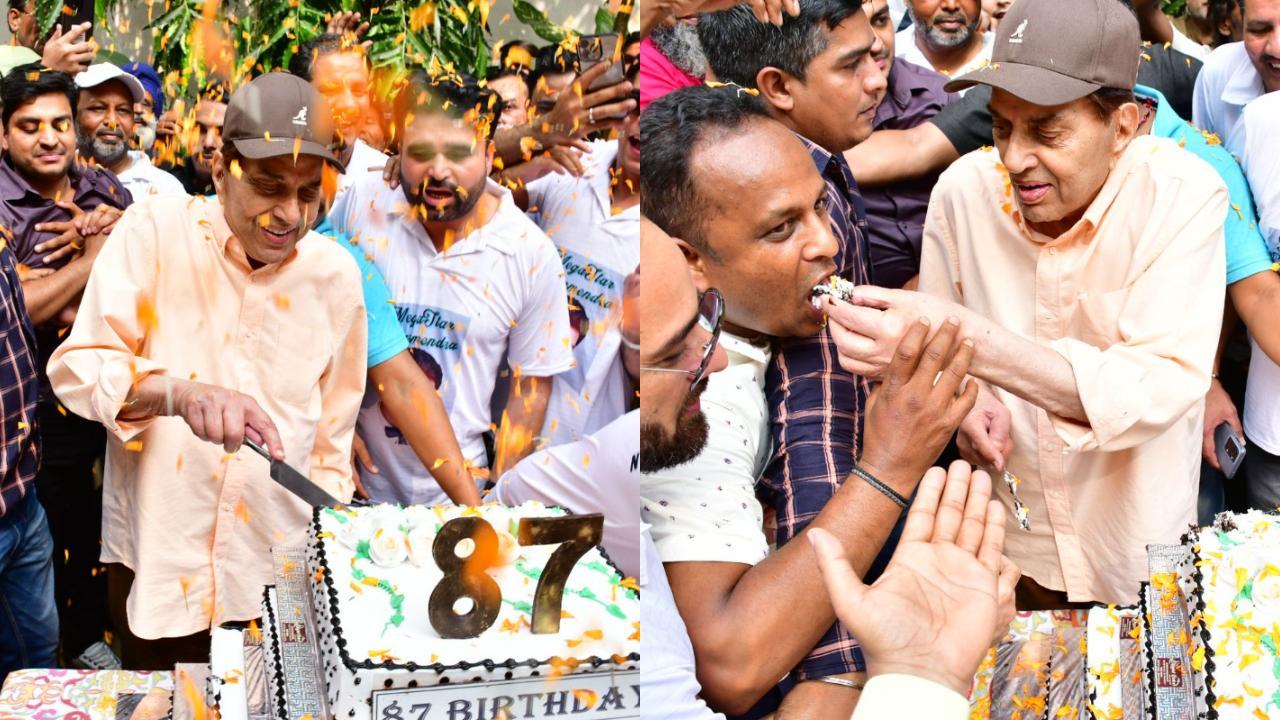 In Pics: Dharmendra cuts cake with fans on 87th birthday