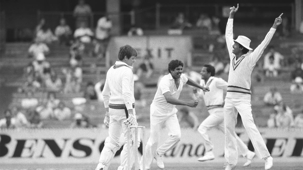 India’s Kapil Dev, Dilip Doshi and Dilip Vengsarkar (right) celebrate the dismissal of Australia’s Jim Higgs in the 1980-81 Melbourne Test which India won by 59 runs. Pic/Getty Images 