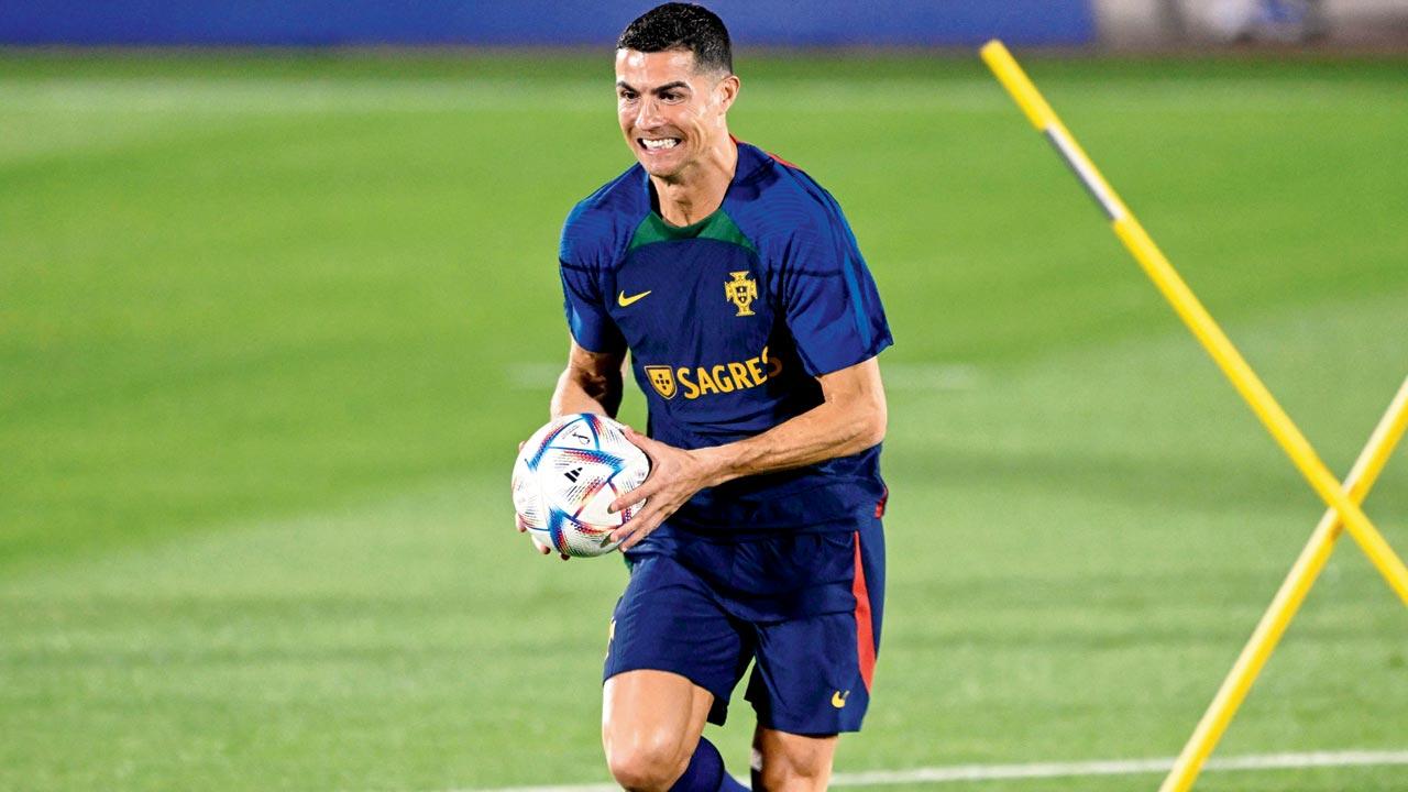 Cristiano Ronaldo at a training session on Sunday. Pic/Getty Images