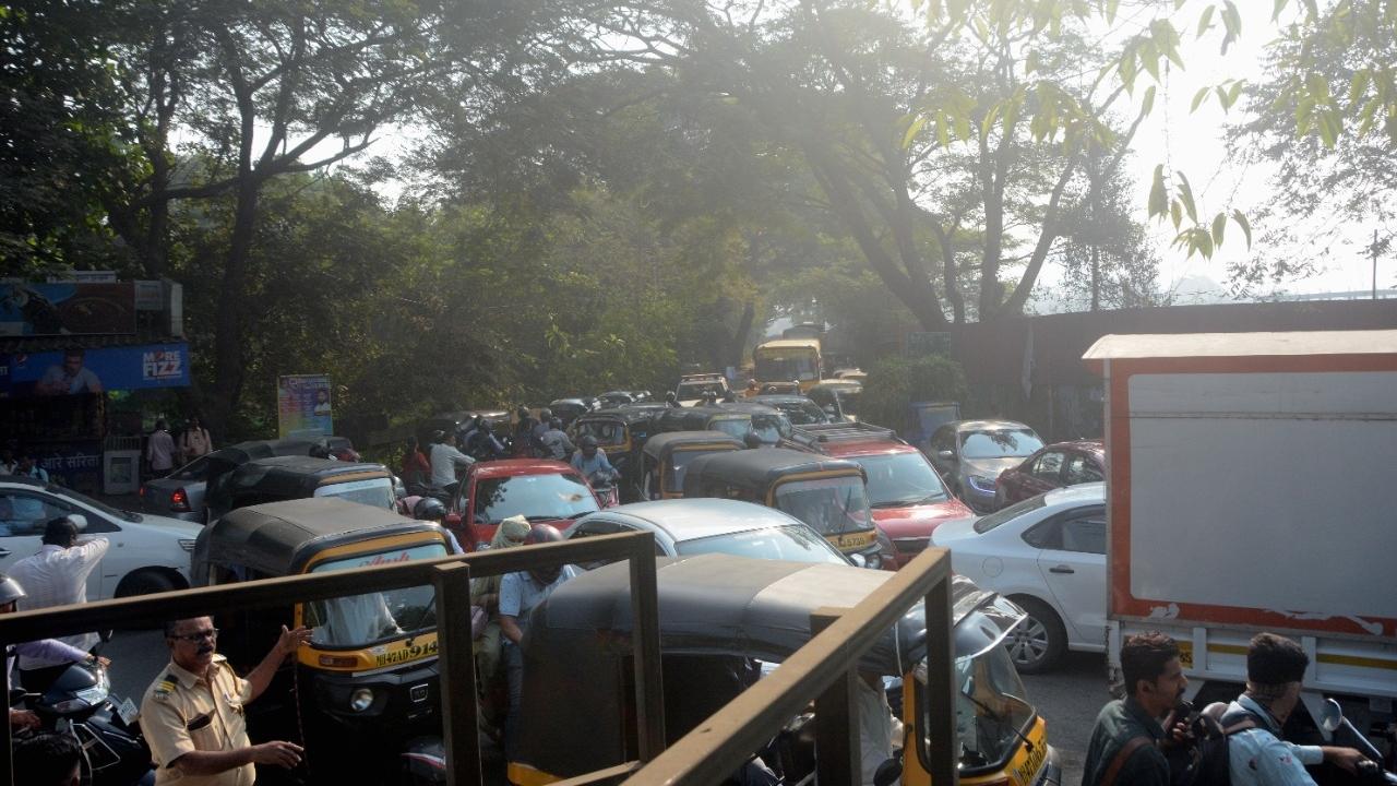 An official said, the traffic at Birsa Munda chowk was due to road development work by the civic body at Aarey Colony in Goregaon. 