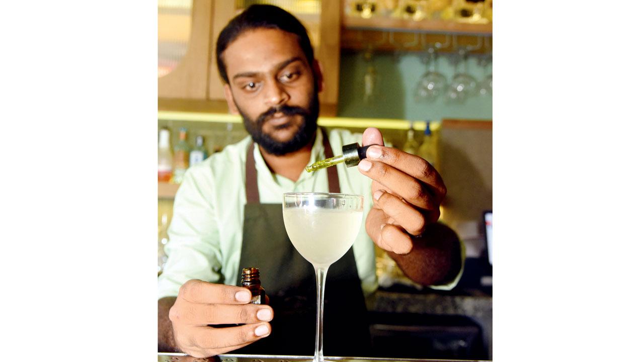 Bartender Sahil Gangurde adds basil oil to Run of the Dill drink, a spin on the classic stirred martini. The vermouth in the drink is infused with dill, and has a salty lemongrass and celery brine. PICS/SAMEER MARKANDE