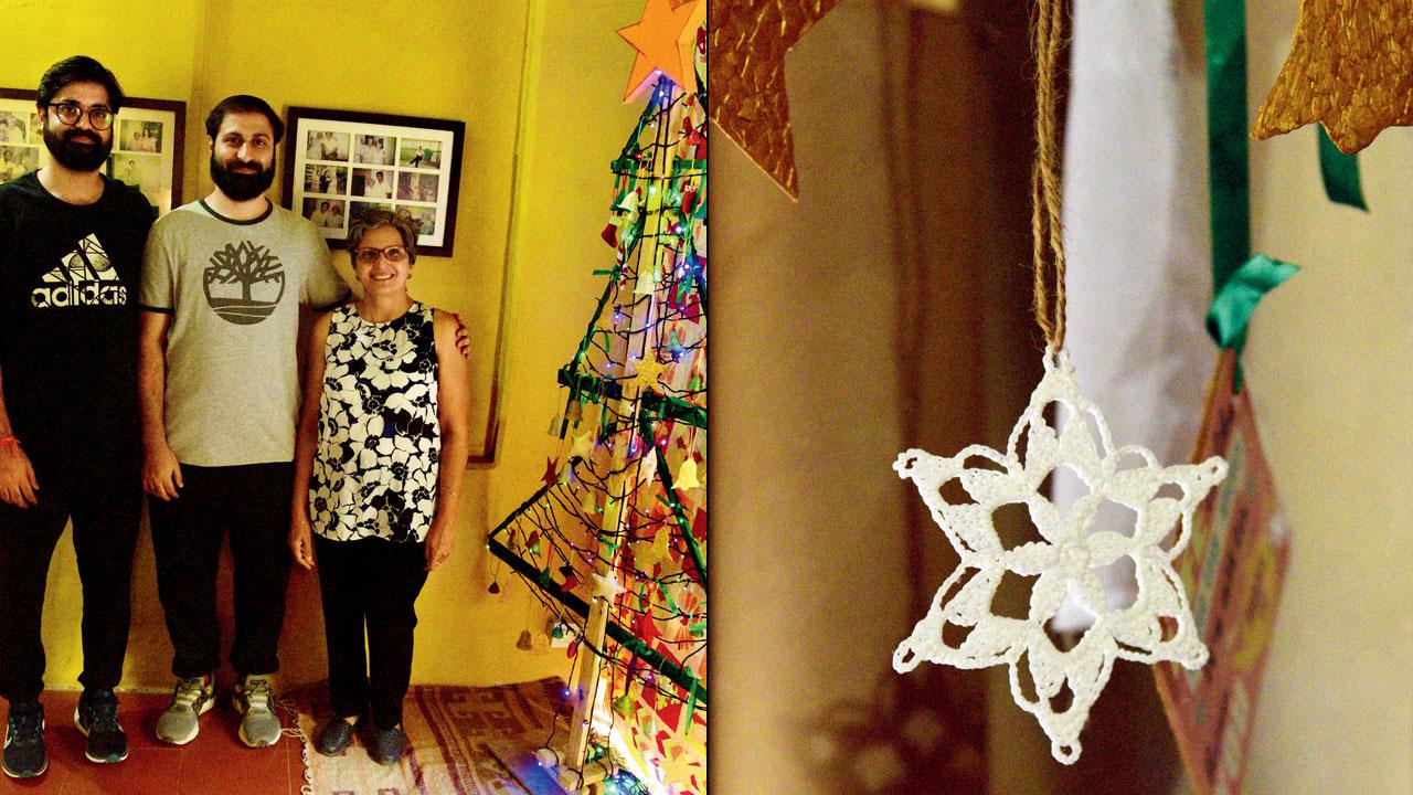 Heta Pandit with nephews Farhad and (left) Minu Patel; (Right) The crochet ornament made by Heta’s sister Diana from leftover threads. PICS/RANE ASHISH