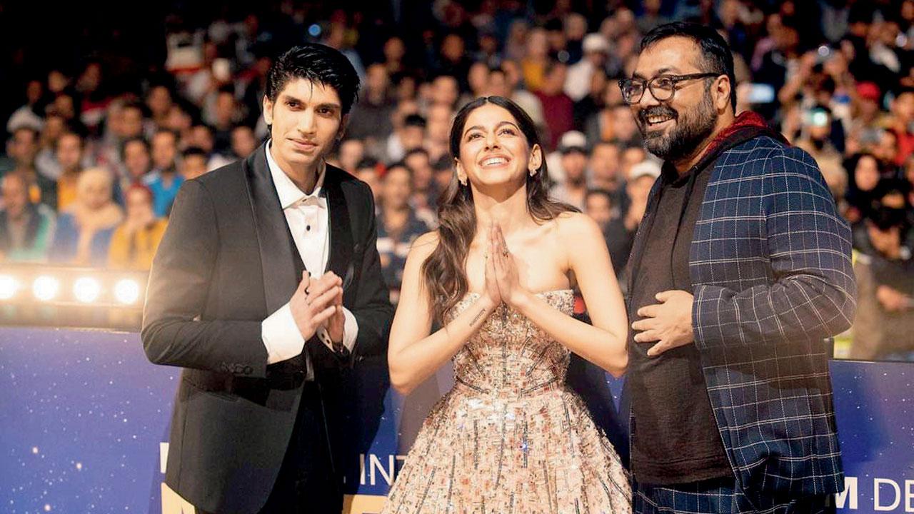 Alaya F flanked by Karan Mehta and Anurag Kashyap at Marrakech Film Festival, where their film premiered