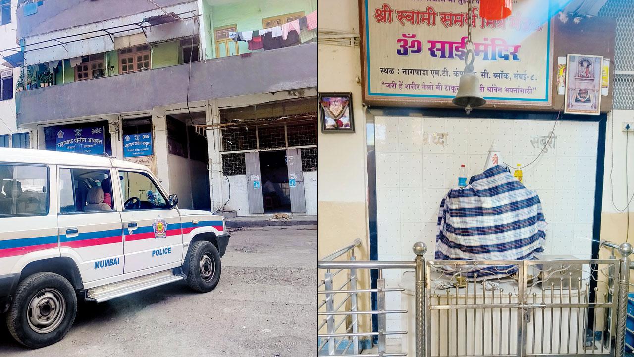 Kherwadi police station; (right) the temple Arvind Khot got made at Nagpada police quarters