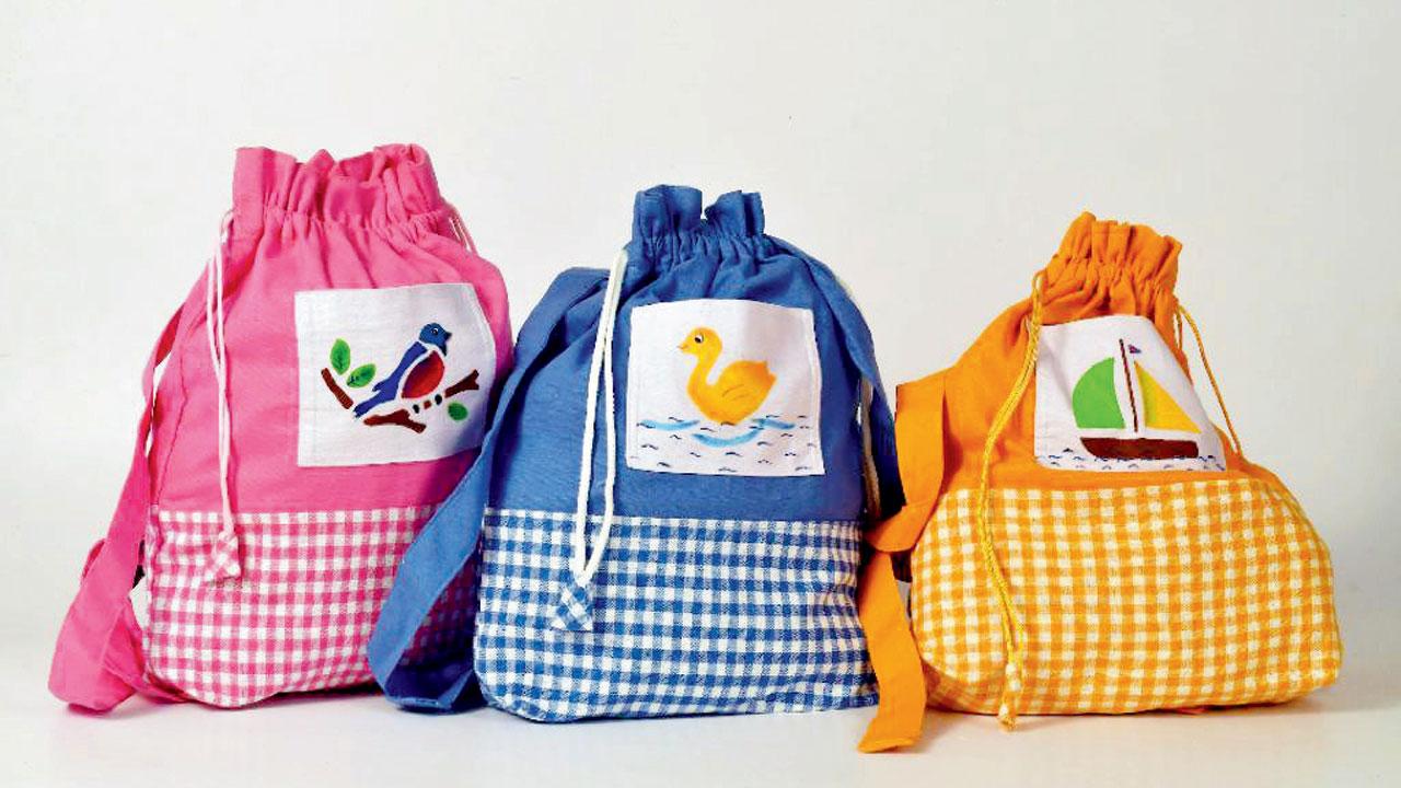 The bags made by an NGO called Samvit Sudha makes bags and students from Kshitij do stencil painting and block printing on various themes and motifs