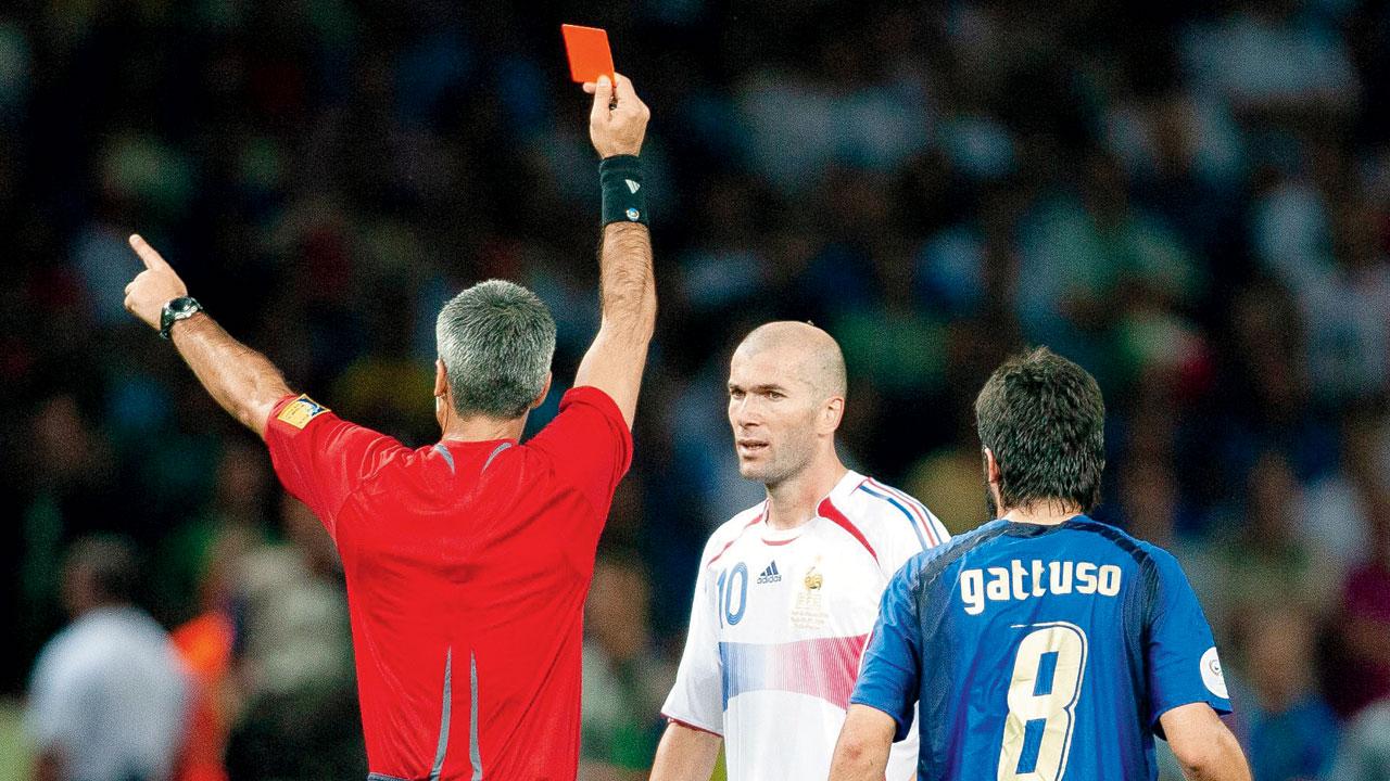 Referee Horacio Elizondo issues a red card to France’s Zinedine Zidane after the headbutt on Italy’s Marco Materazzi in the 2006 World Cup final