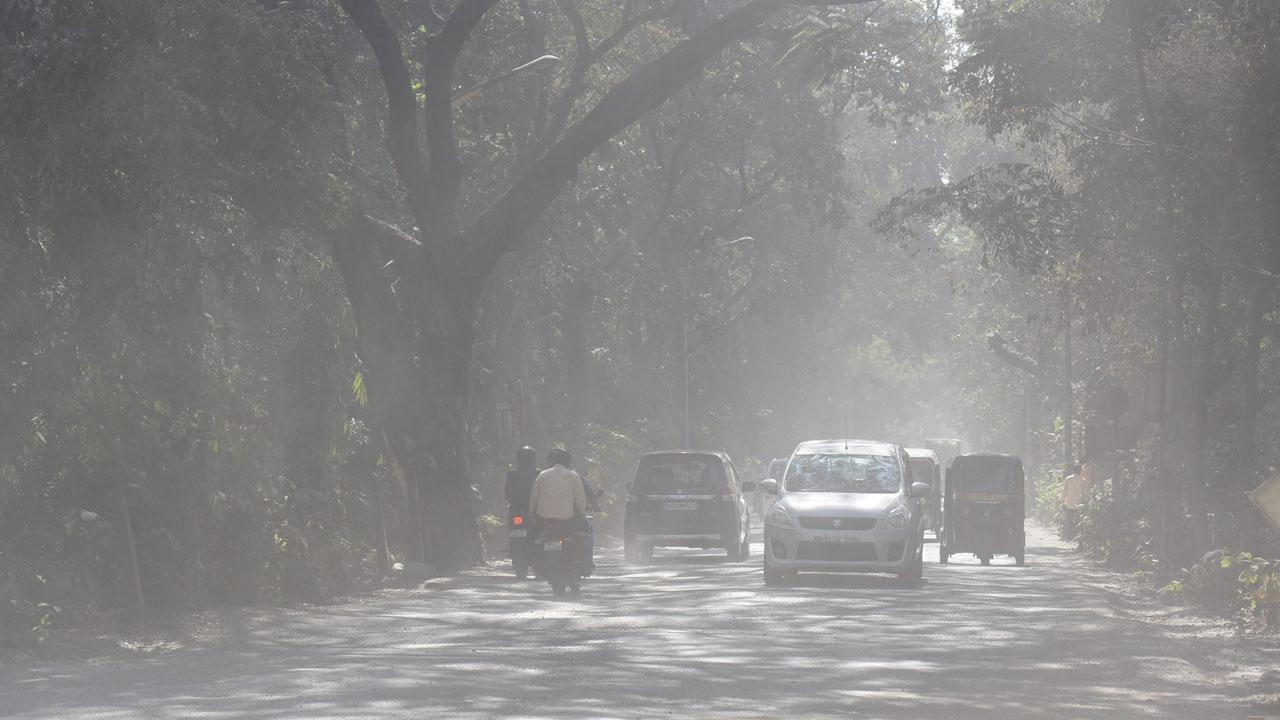 A thick layer of dust covers Aarey Colony, where BMC carries out roadwork, on Friday. Pics/Sameer Markande