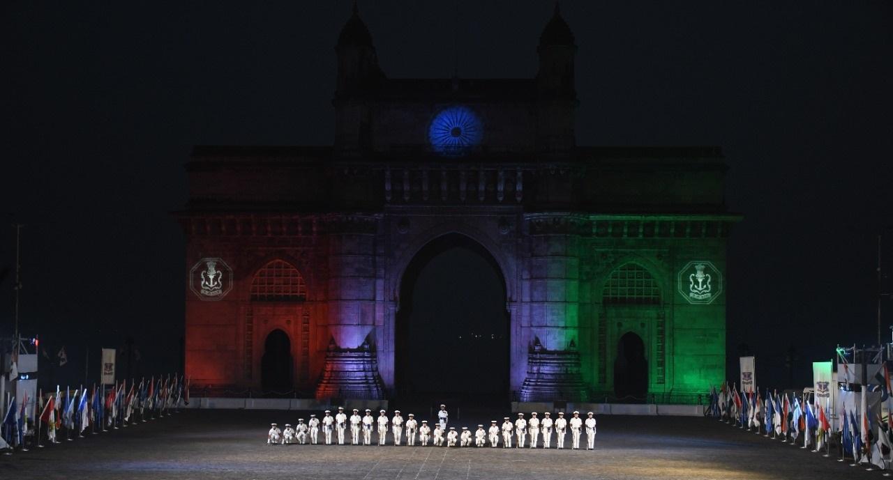 Navy personnel perform Beating Retreat and Tattoo Ceremony at Gateway of India