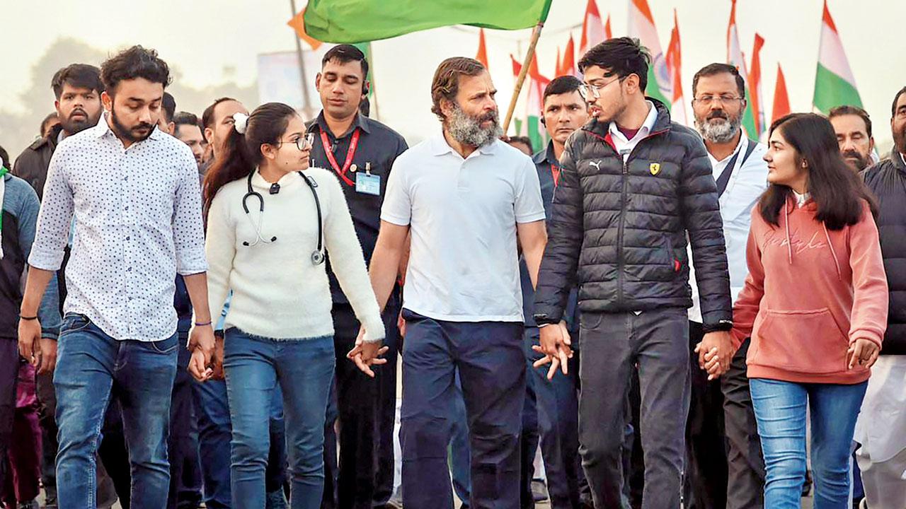 Congress leader Rahul Gandhi with young supporters during the ‘Bharat Jodo Yatra’, in Nuh, Haryana, on Thursday. Pic/PTI