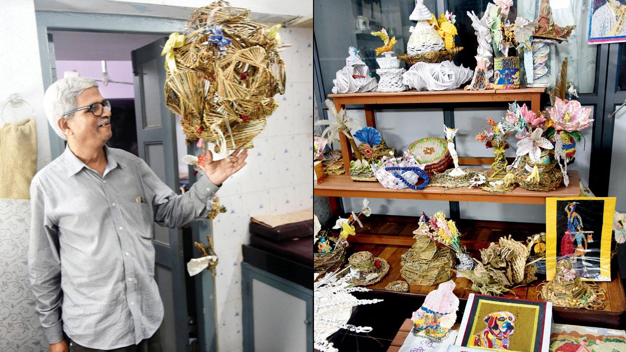 Phadke with one of his creations (right) a shelf featuring his origami. Pics/Sameer Markande