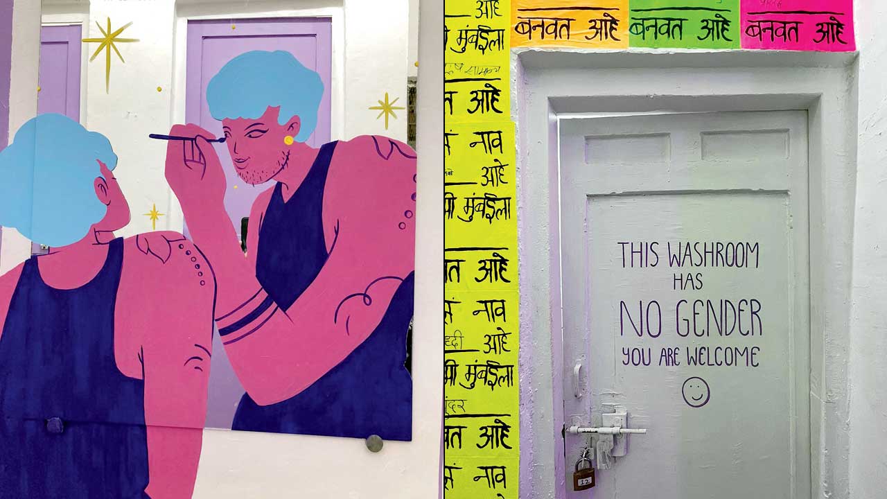 Illustrations from the washroom at Sassoon Dock. PICS COURTESY/Bhavik Shah