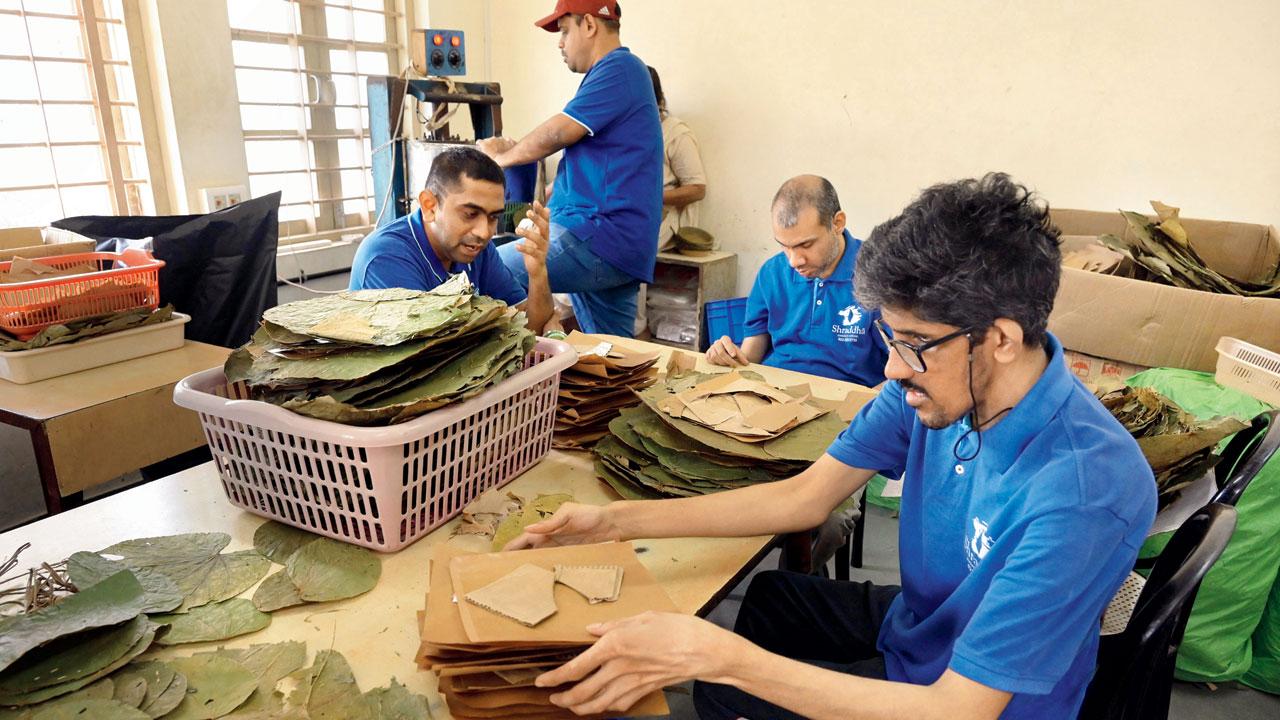 The leafware collection at Shraddha Charitable Trust and the paper bags are made by their students. The recycled biscuit wrapper bag is made by another NGO and they add a tassel on it. Pics/Bipin Kokate