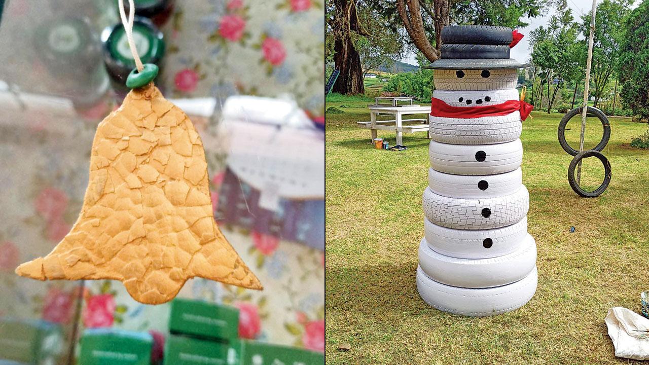 Snowman made from tyres and a bell (above) made using egg shells