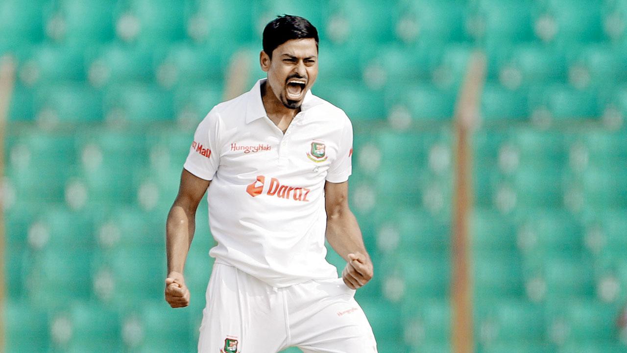 Bangladesh left-arm spinner Taijul Islam celebrates an Indian wicket
