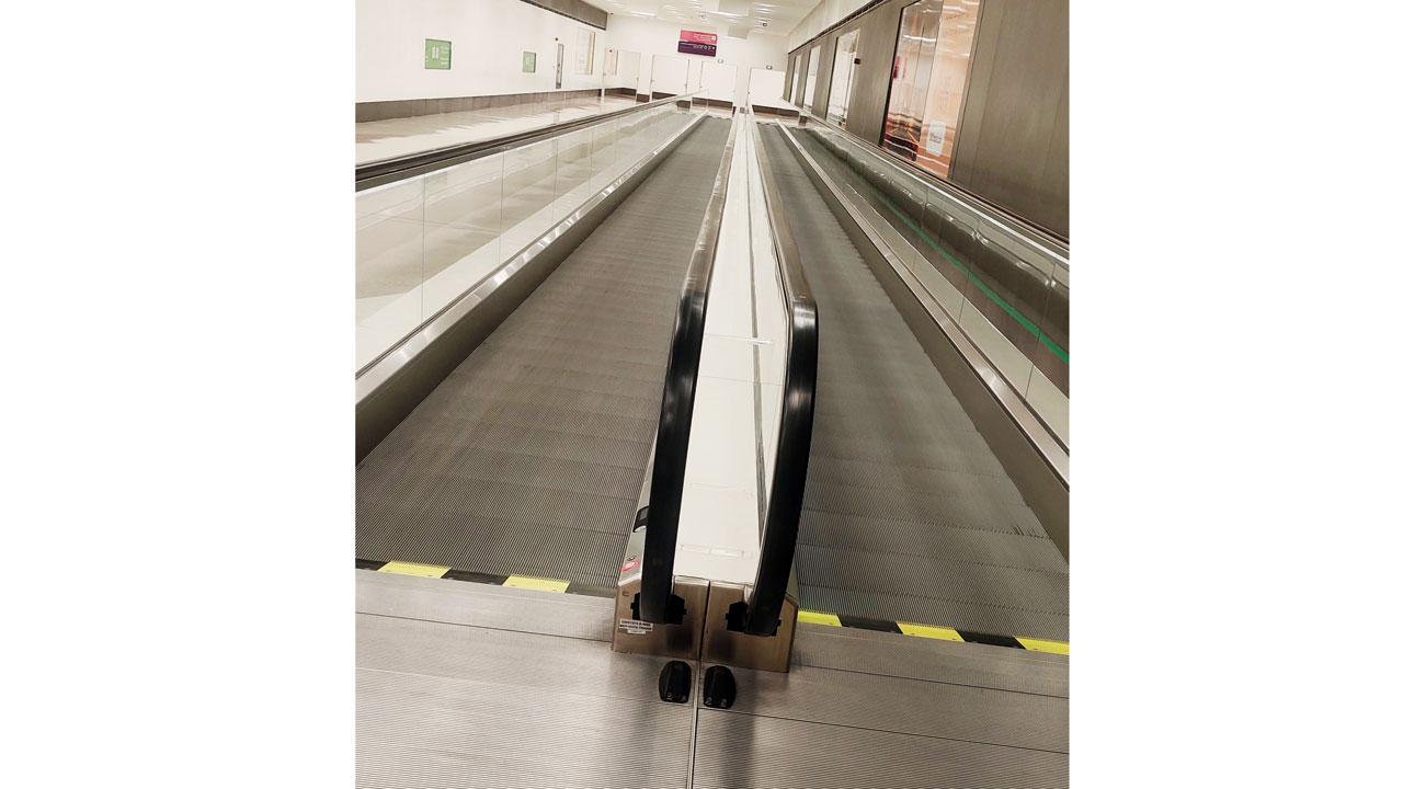 One of the two lengthy travellators at the Qatar National Library Metro Station in Doha