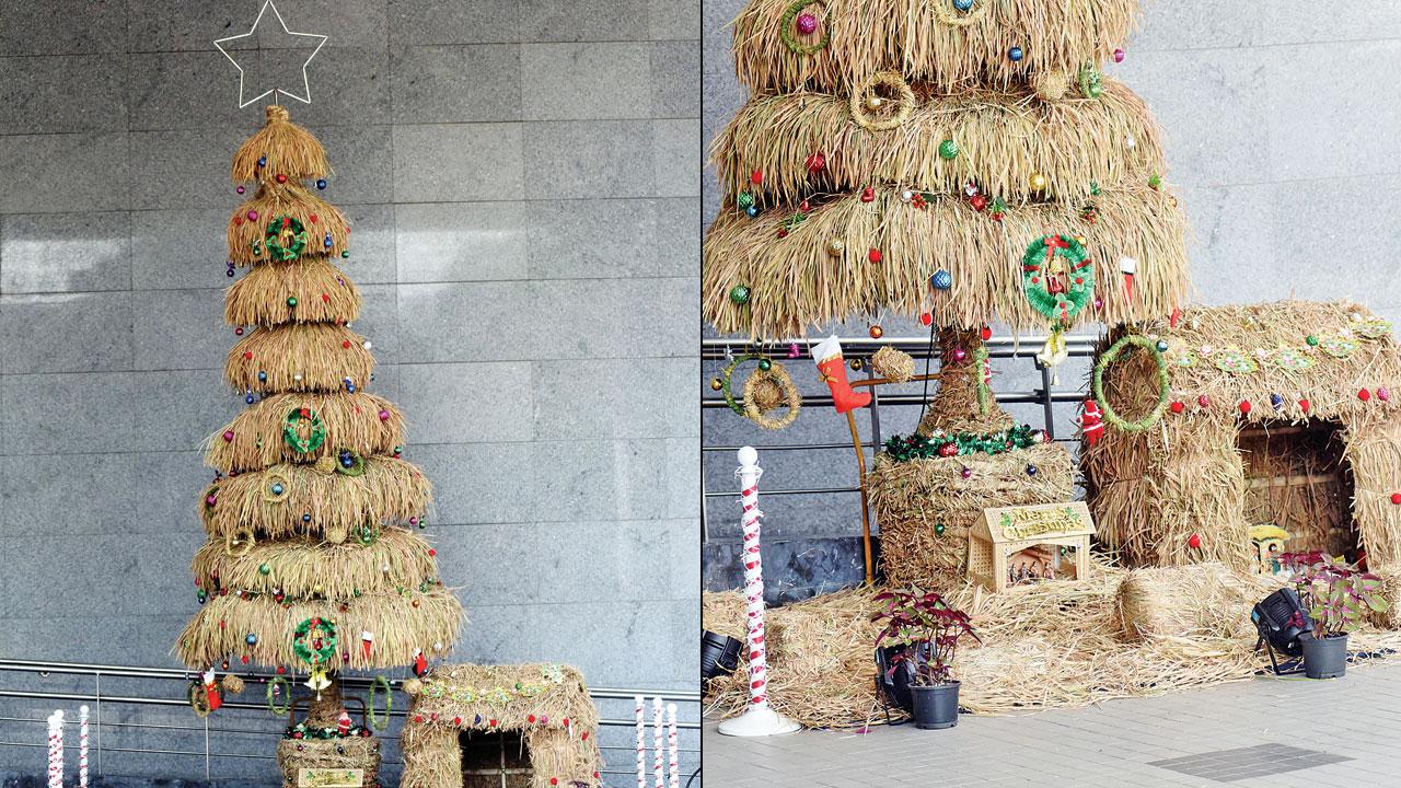 The X’mas tree fashioned from fresh straw at Mindspace, Juinagar (right) a close-up of the crib. Pics/Sameer Markande