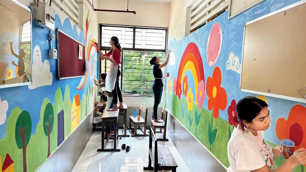 A classroom corridor being painted at Antop Hill