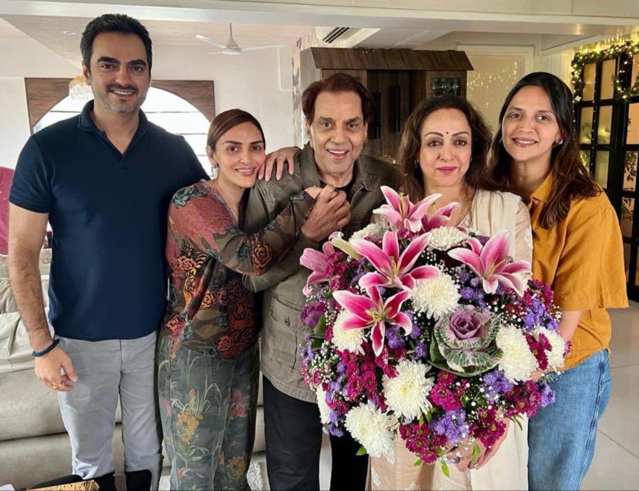 Hema Malini and Dharmendra pose with their daughters Ahana and Esha Deol. Also seen in the picture is Esha's husband Bharat Takhtani