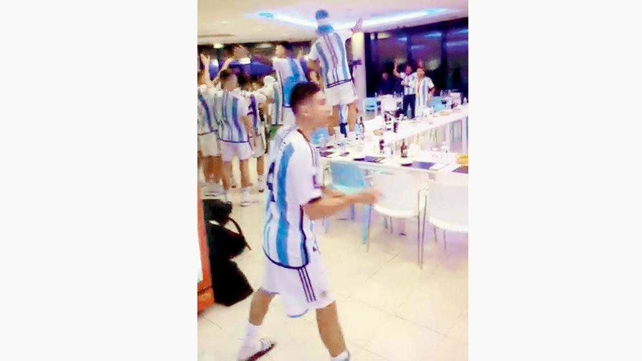 Argentina players celebrate at  the Qatar National University
