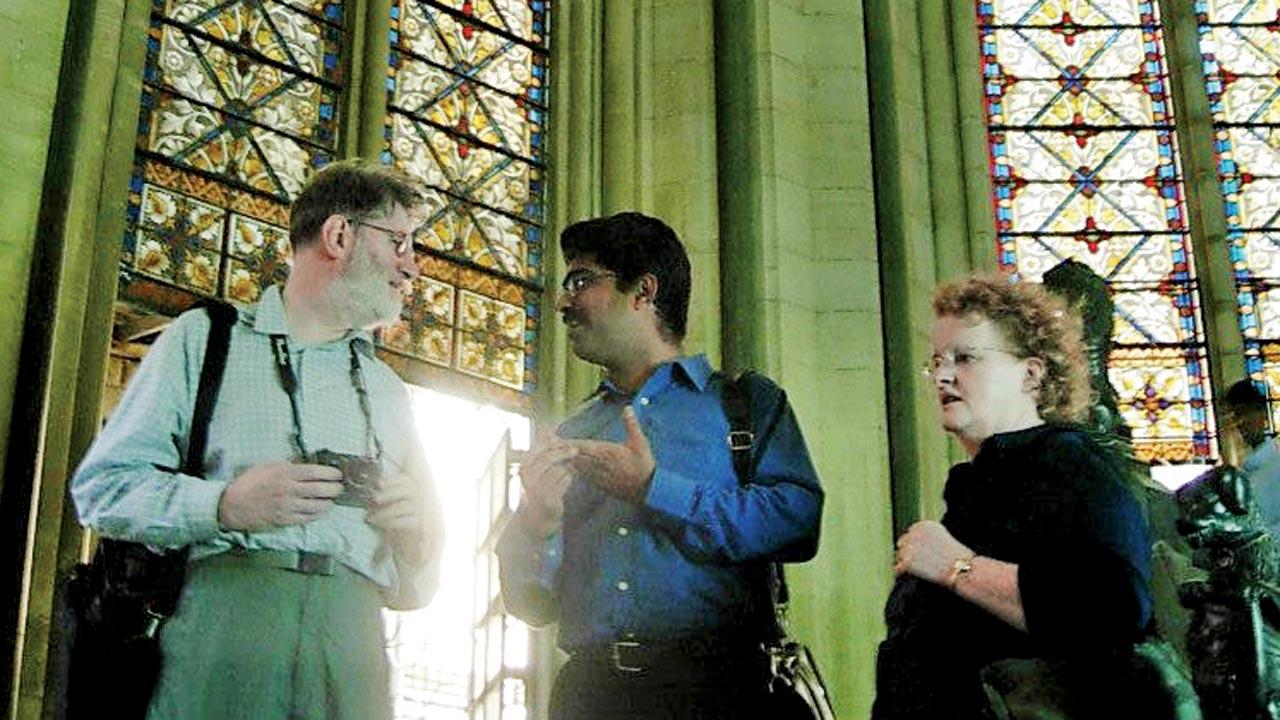 Noted conservation architect Ingval Maxwell and his wife at Rajabai Clock Tower restored by Dilawari (centre)