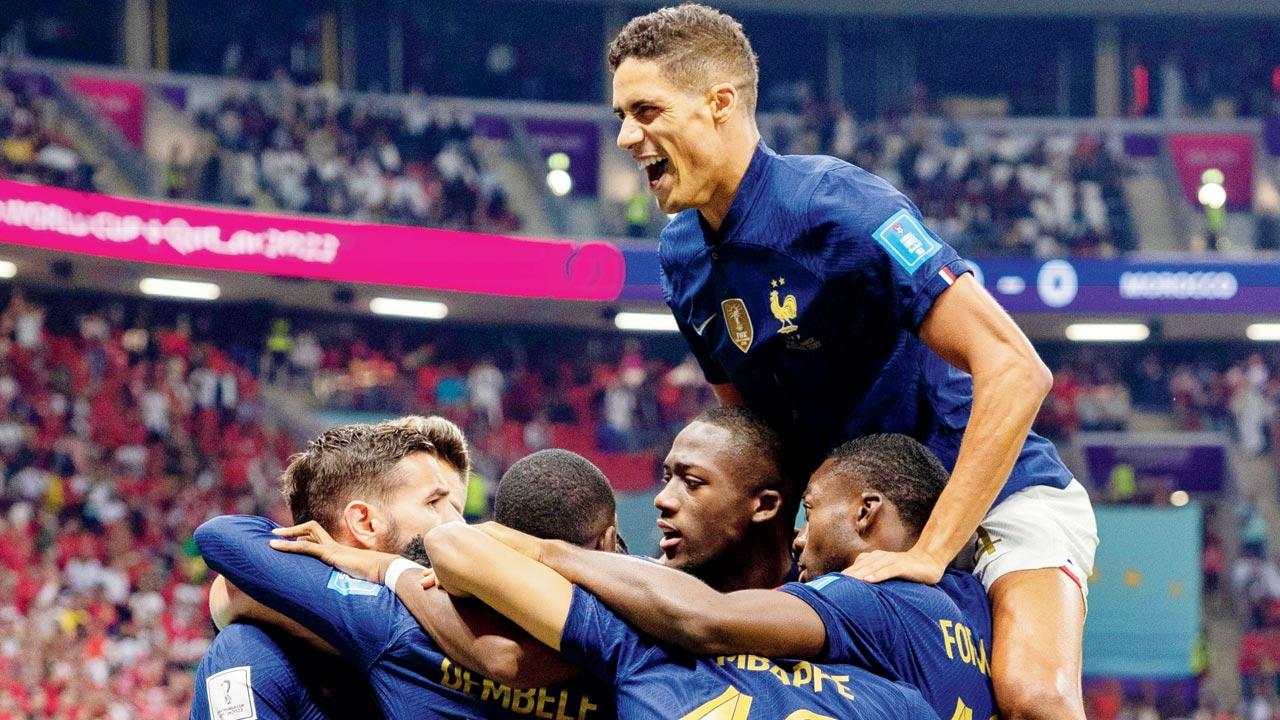 French players celebrate a goal against Morocco on Wednesday. Pics/Getty Images
