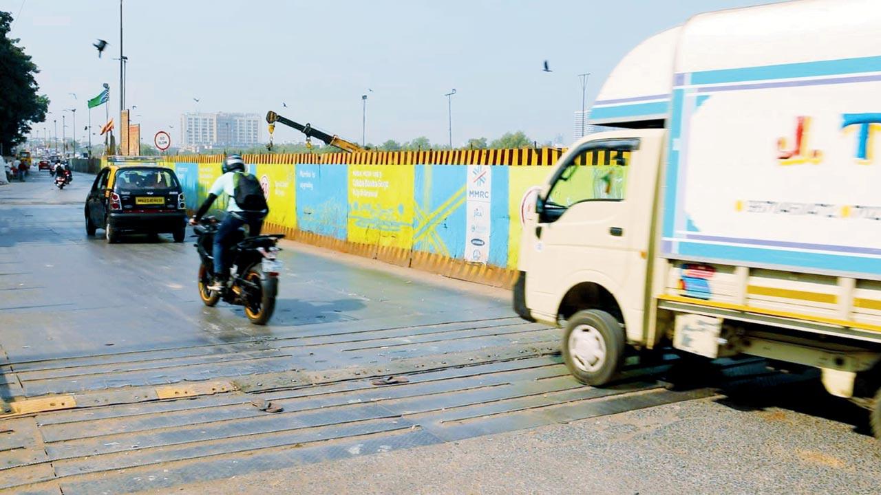 Barricades installed on the road for Metro Line 3 near BKC