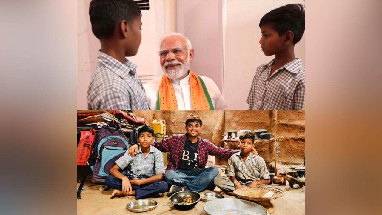 Prime Minister Narendra Modi addressing two tribal boys Avi and Jay After watching the video of Nitin Jani aka Khajurbhai