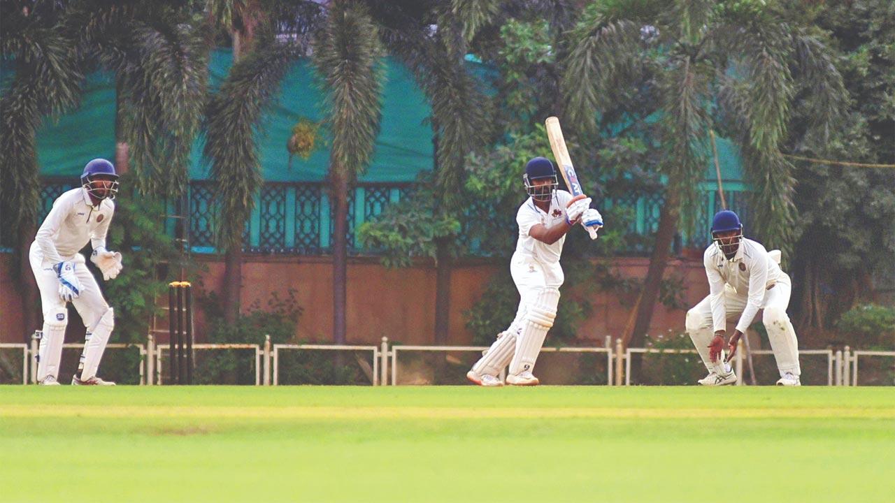 Ajinkya Rahane in action for Mumbai versus Hyderabad at BKC on Tuesday.  Pic/Atul Kamble