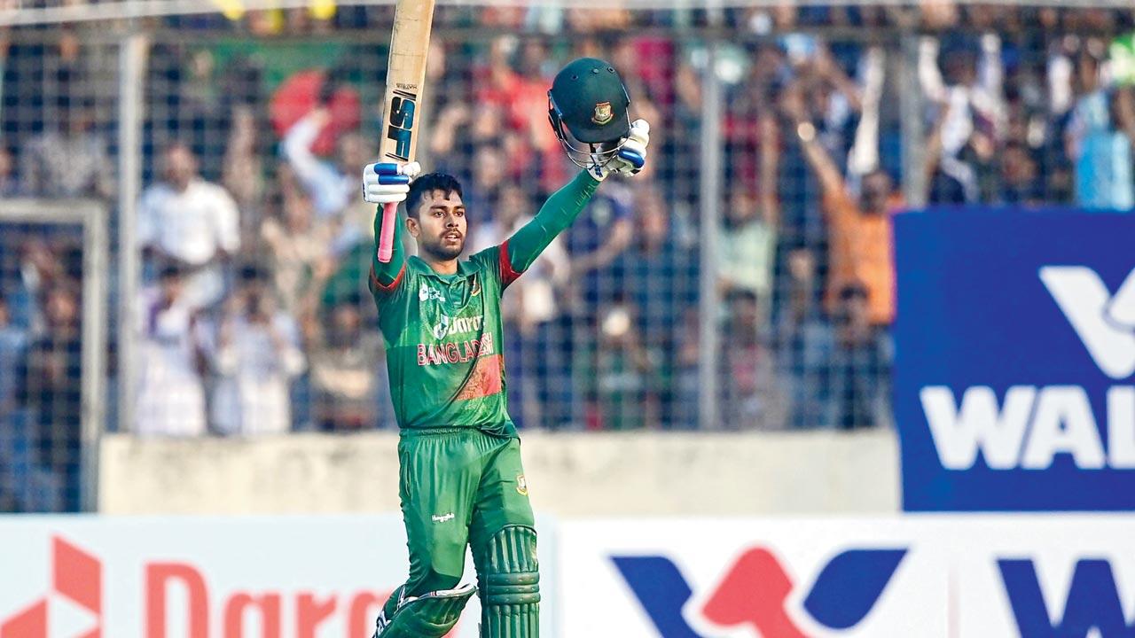 Bangladesh’s Mehidy Hasan Miraz celebrates his century v India