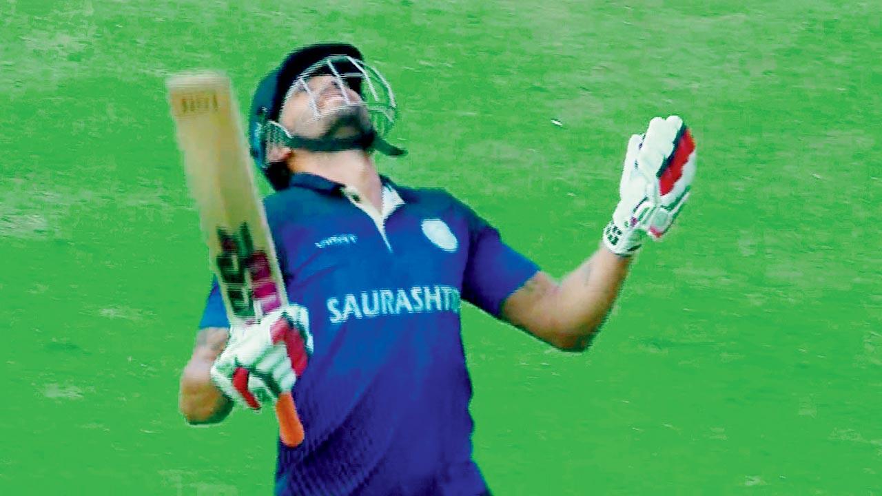 Suarashtra’s Sheldon Jackson thanks the heavens after hitting the winning run against Maharashtra in Ahmedabad yesterday