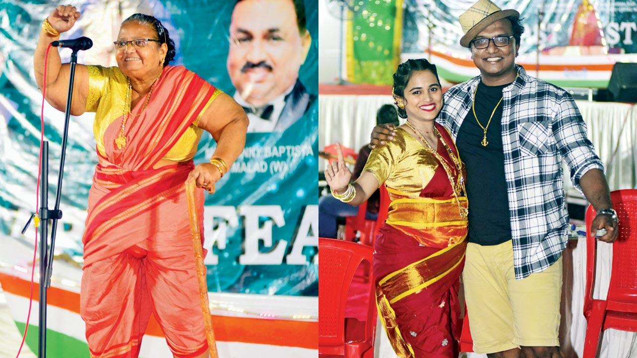 A woman performs on stage; (right) Sherline Joel Bareto and Franco John Patil