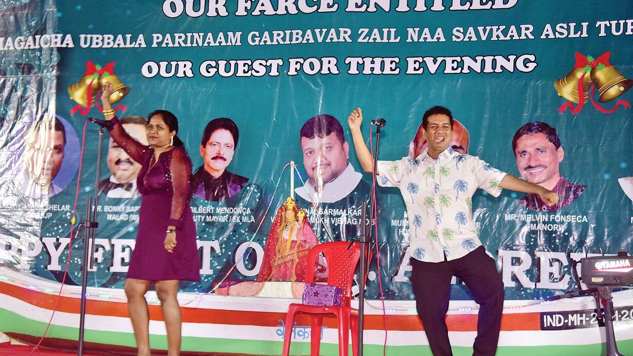 Charlotte D’mello and Royston D’silva perform in the foreground of a fisherman’s boat and a statue of Our Lady of Velankanni. Pics/Shadab Khan