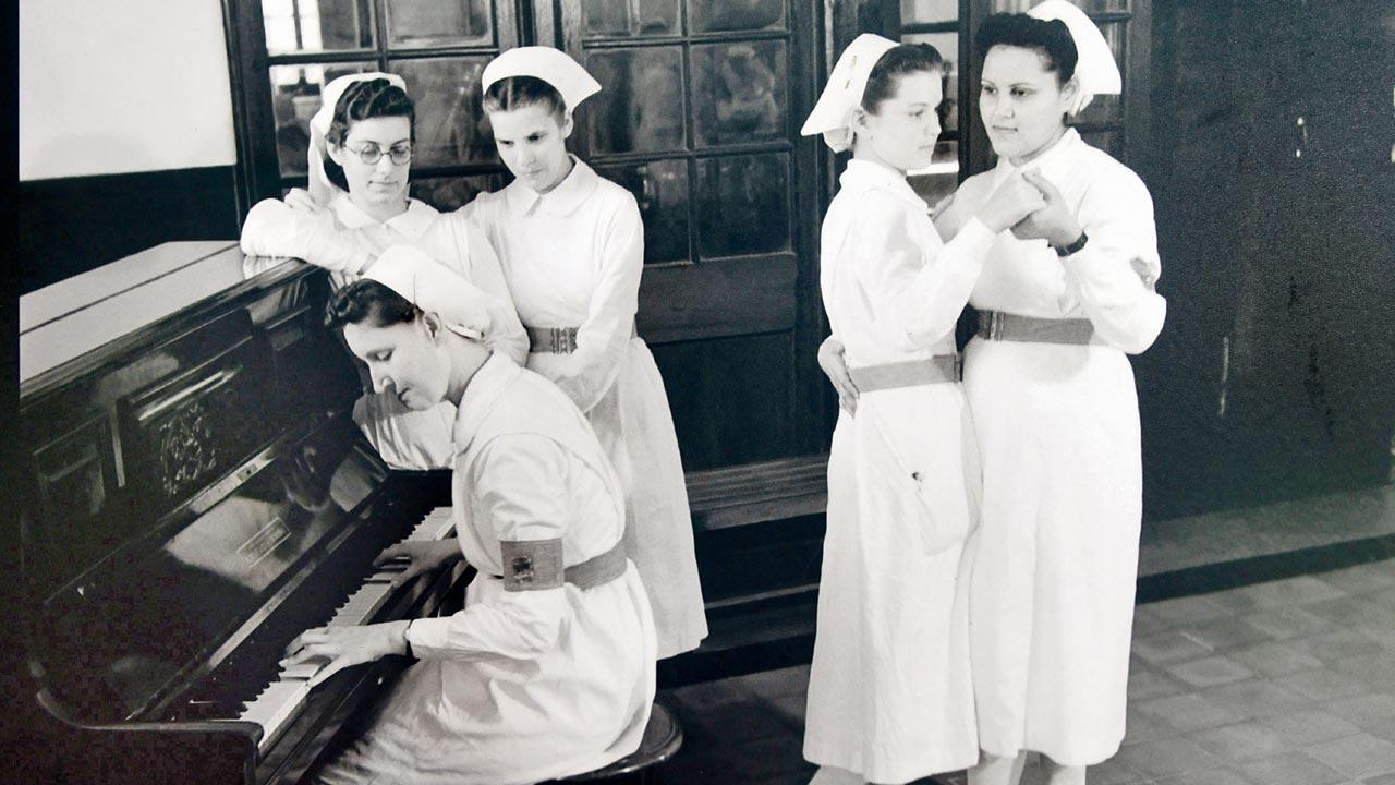 Homai Vyarawalla (HV) shows trainee nurses in Bombay in the 1940s enjoying a light moment. The photograph is from the HV Archive of The Alkazi Collection of Photography