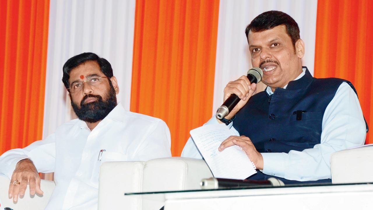 Deputy Chief Minister Devendra Fadnavis (right) and CM Eknath Shinde address the media in Nagpur on Sunday. File pic