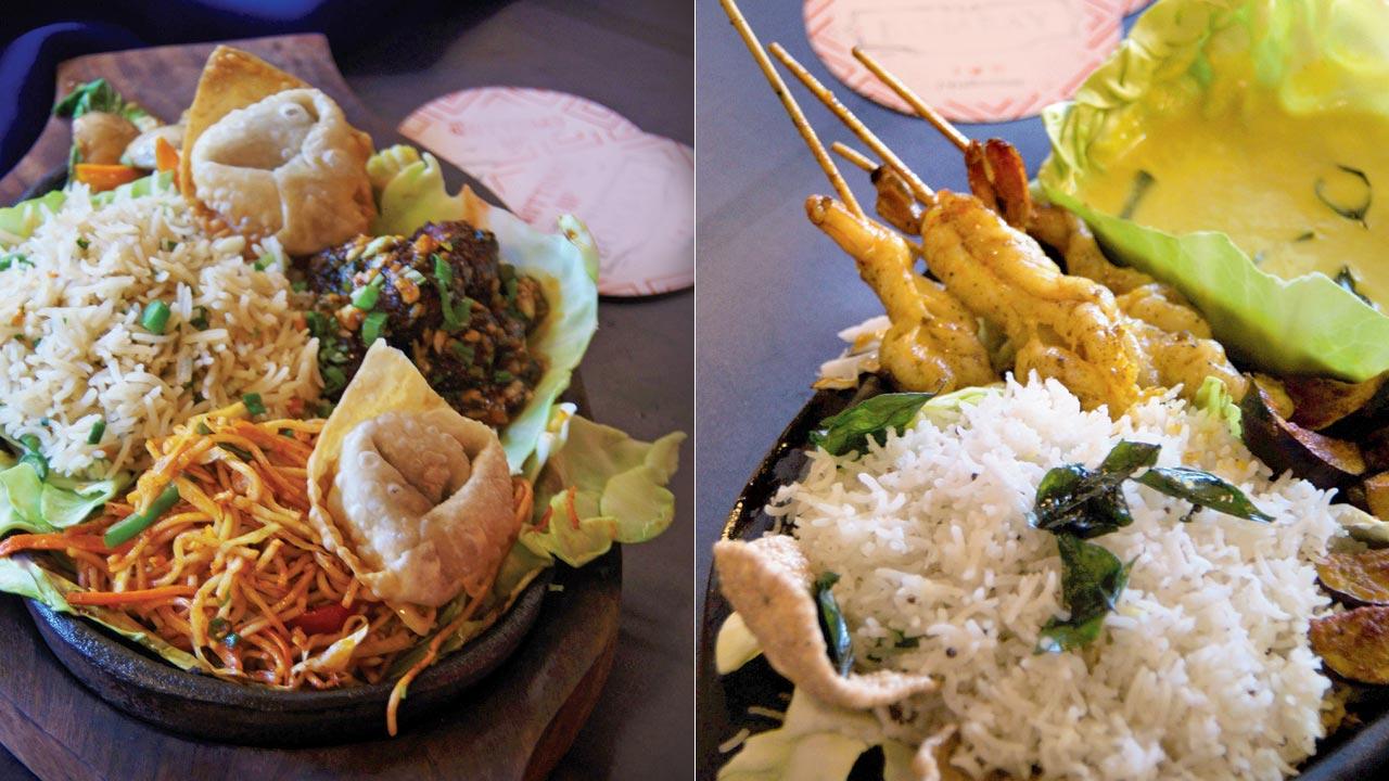 Desi veg manchurian sizzler; (right) Madras prawns sizzler