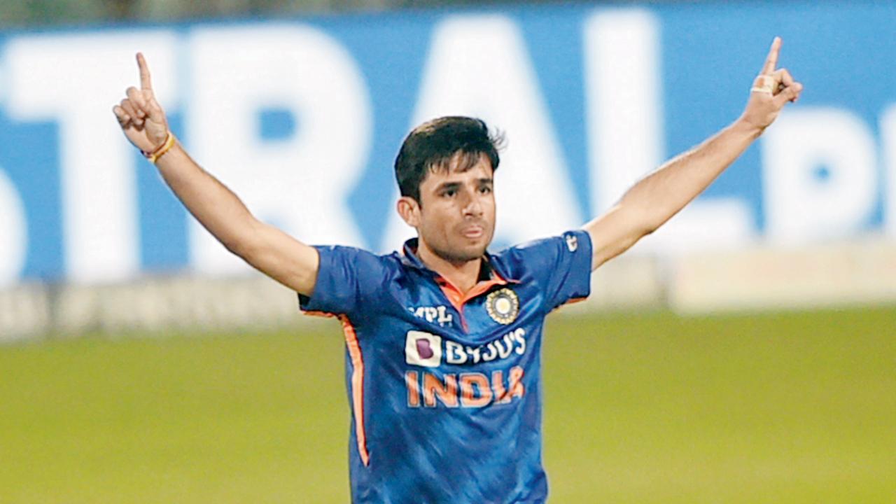 India’s debutant Ravi Bishnoi celebrates a West Indian wicket in the first T20I at Eden Gardens, Kolkata, yesterday. Pic/PTI