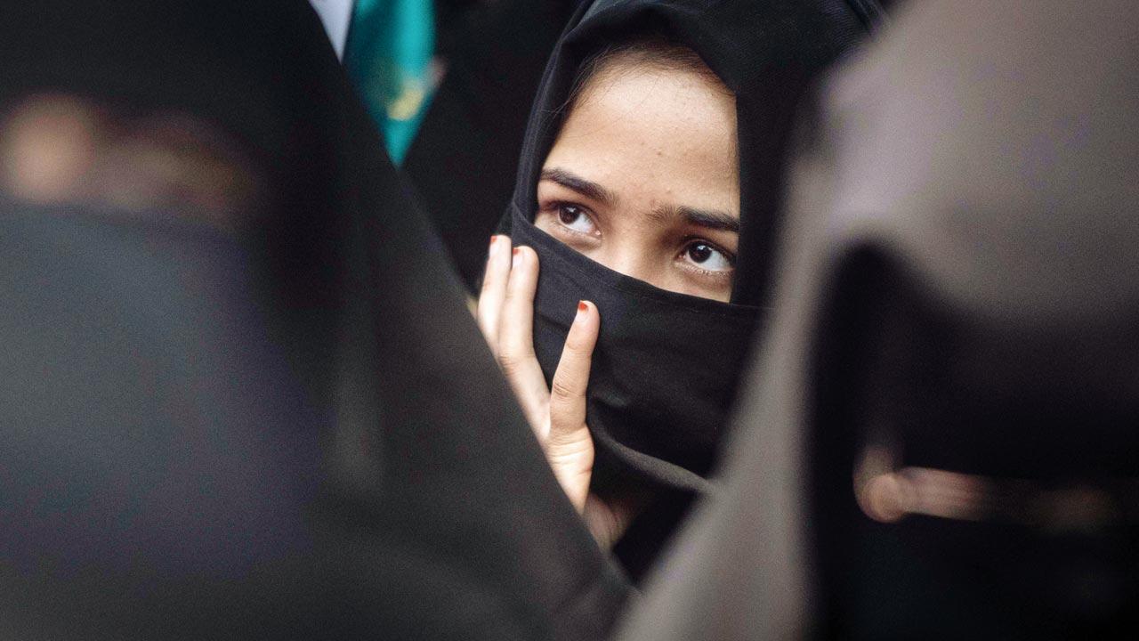 Muslim women stage an agitation against Karnataka government and the BJP over the hijab row on February 10, 2022, in Pune. Pic/Getty Images