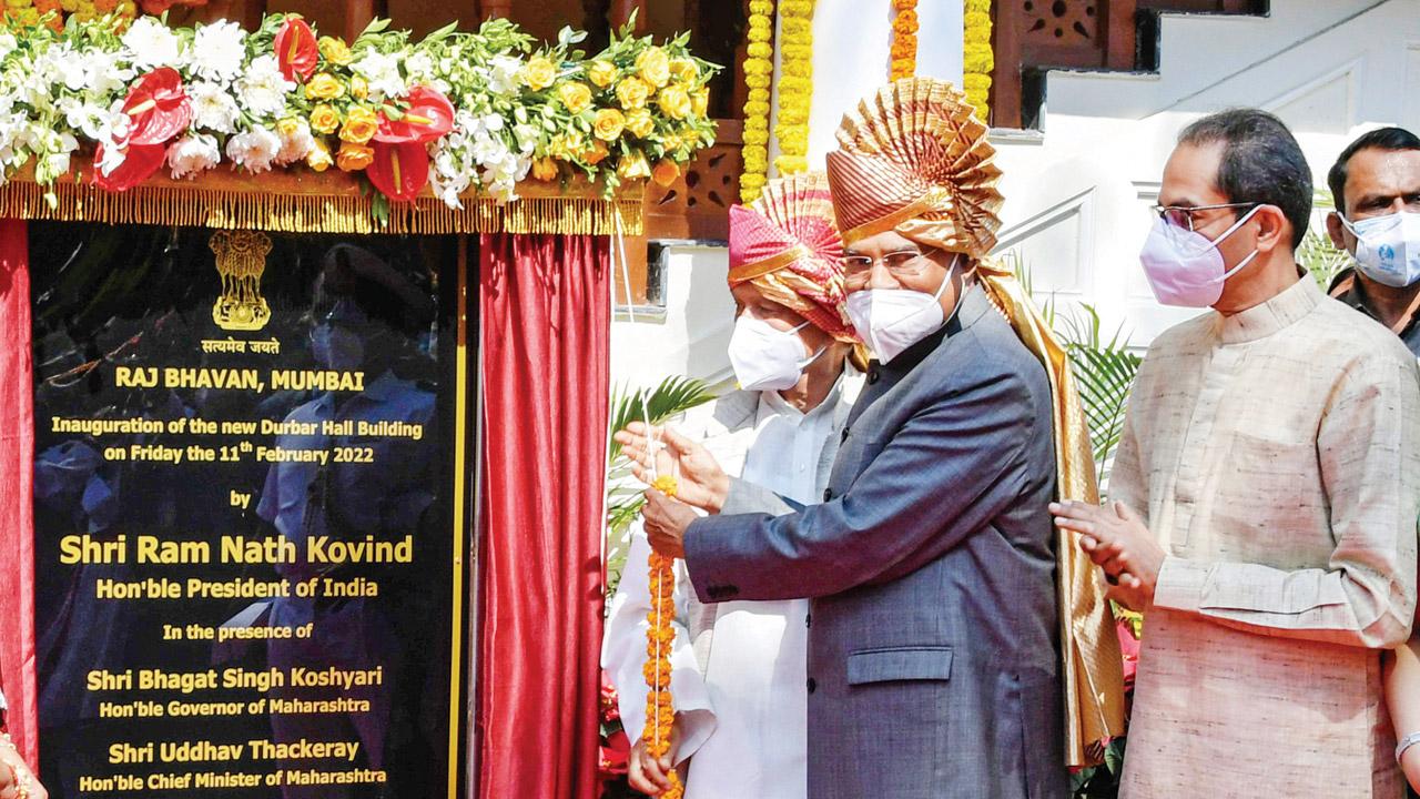 President Ram Nath Kovind, seen with CM Uddhav Thackeray, was in Mumbai on Friday to inaugurate the Darbar Hall at Raj Bhavan. Pic/PTI