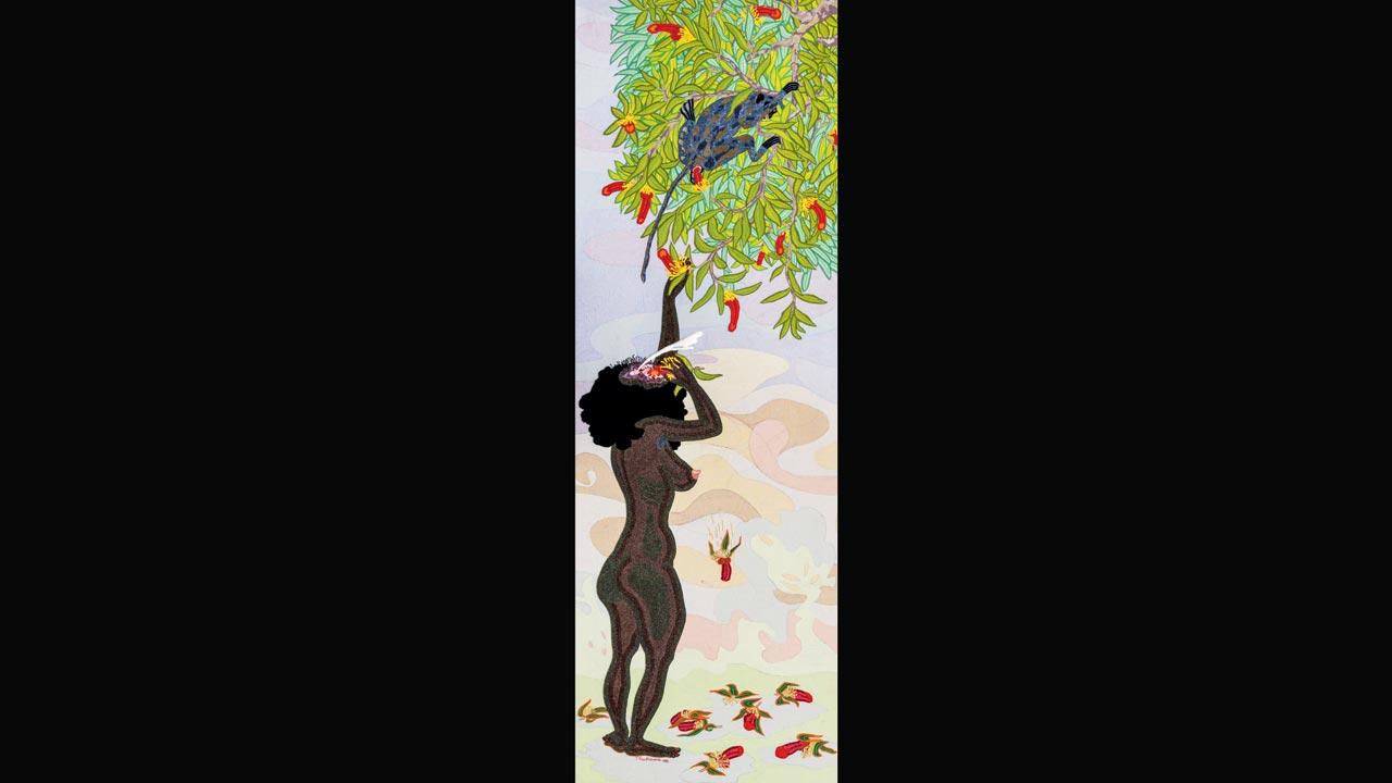 Dentata, 2021, is part of T Venkanna’s As I Am series of embroidered paintings