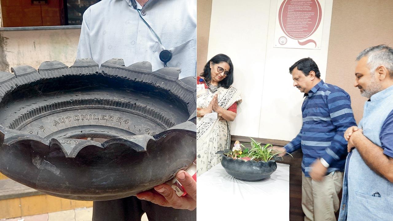 A tyre planter; (right) Jitendra Pardesi and Lily Bhushan