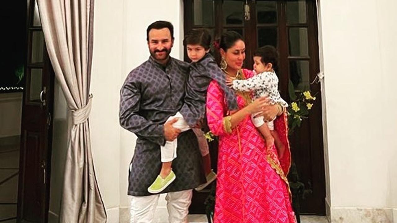 The family of four dressed in ethnic wear, make for a perfect capture. While Taimur is seen twinning with dad Saif, the birthday boy clings on to mom Kareena. 