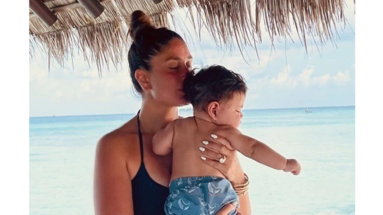 Mama and baby Jeh enjoy a day by the beach in the Maldives. The actress is seen planting a kiss on Jeh's forhead as she captioned the post, 'Love, happiness, and courage to you always'