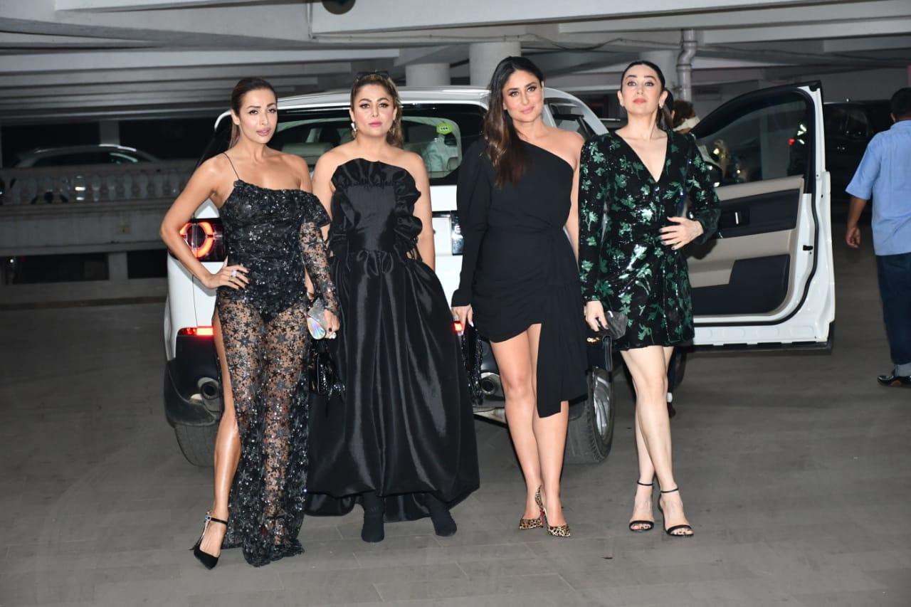 In the viral pictures, Kareena Kapoor Khan and Karisma Kapoor along with their close friends Malaika Arora and Amrita Arora can be seen amping up the glam quotient in their black outfits. Kareena wore a stylish black dress with a huge bow at the side. Malaika opted for a dress outfit that had transparent detailing. Karisma was seen dressed in a blingy dress with a plunging neckline.