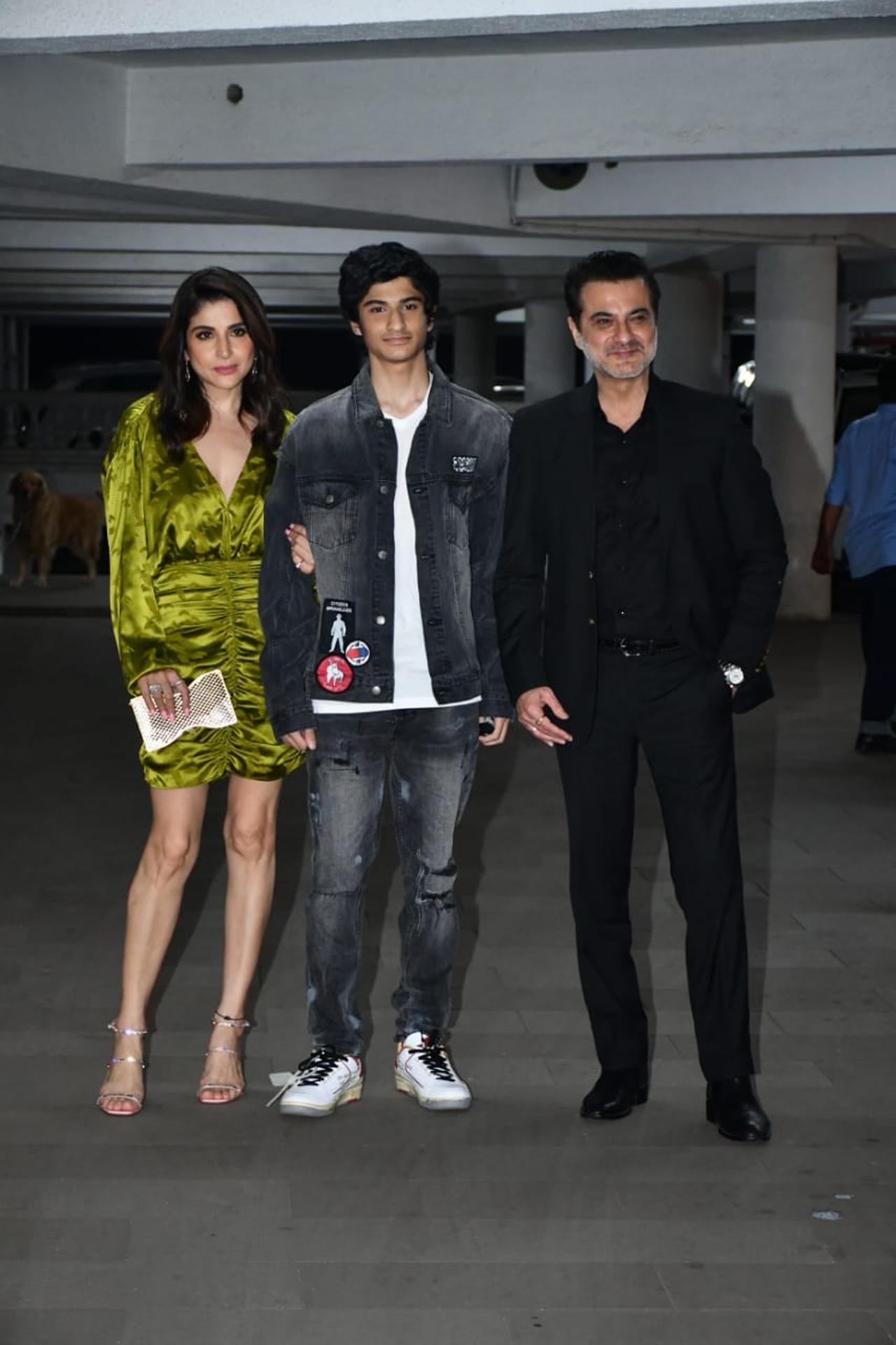 Maheep Kapoor posed with her son Jahaan and husband Sanjay, who will soon be seen opposite Madhuri Dixit-Nene in The Fame Game as they attended the bash together.