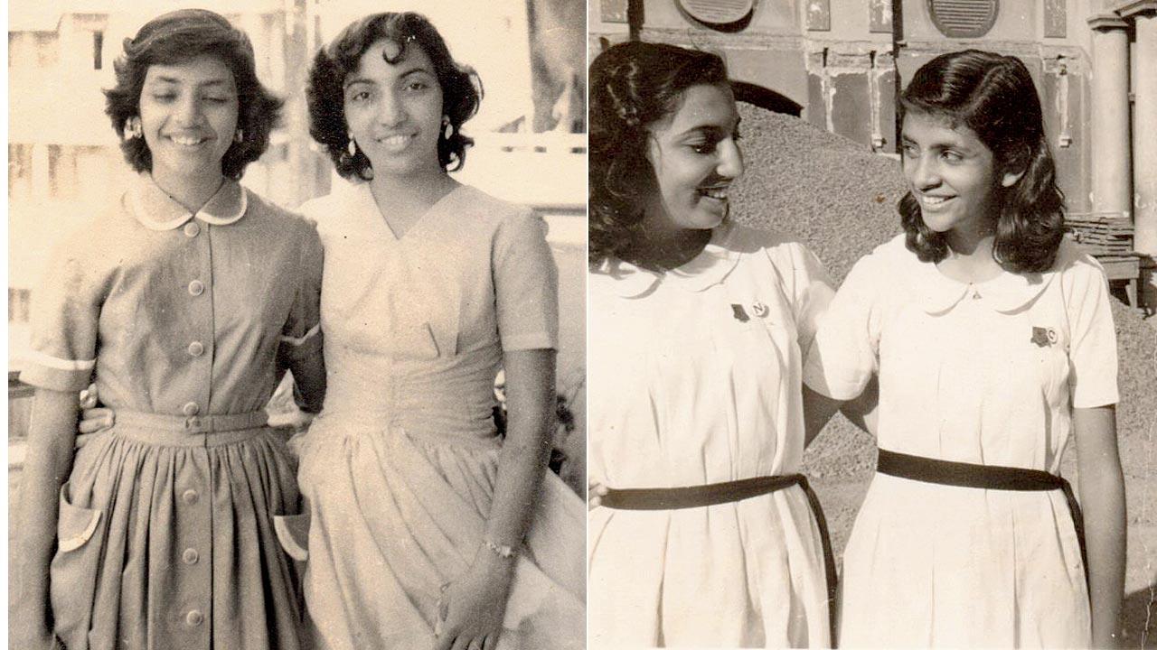 Rati Wadia and Dinoo Damania on the Block G1 balcony of Shapur Baug—in 2022 and 1963; (right) At Queen Mary School, 1957