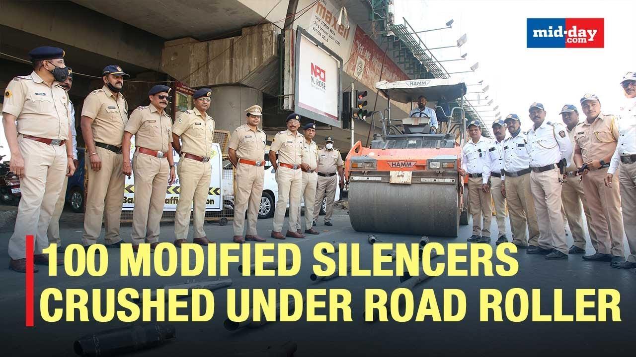 Mumbai Cops Seize 100 Loud Modified Silencers, Crush Them Under Road Roller