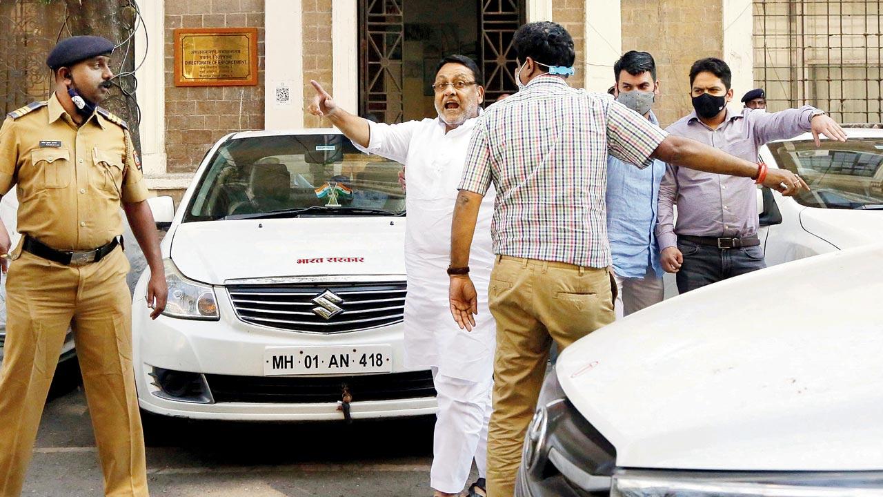 Nawab Malik outside the ED office at Ballard Estate on Wednesday. Pic/Suresh Karkera