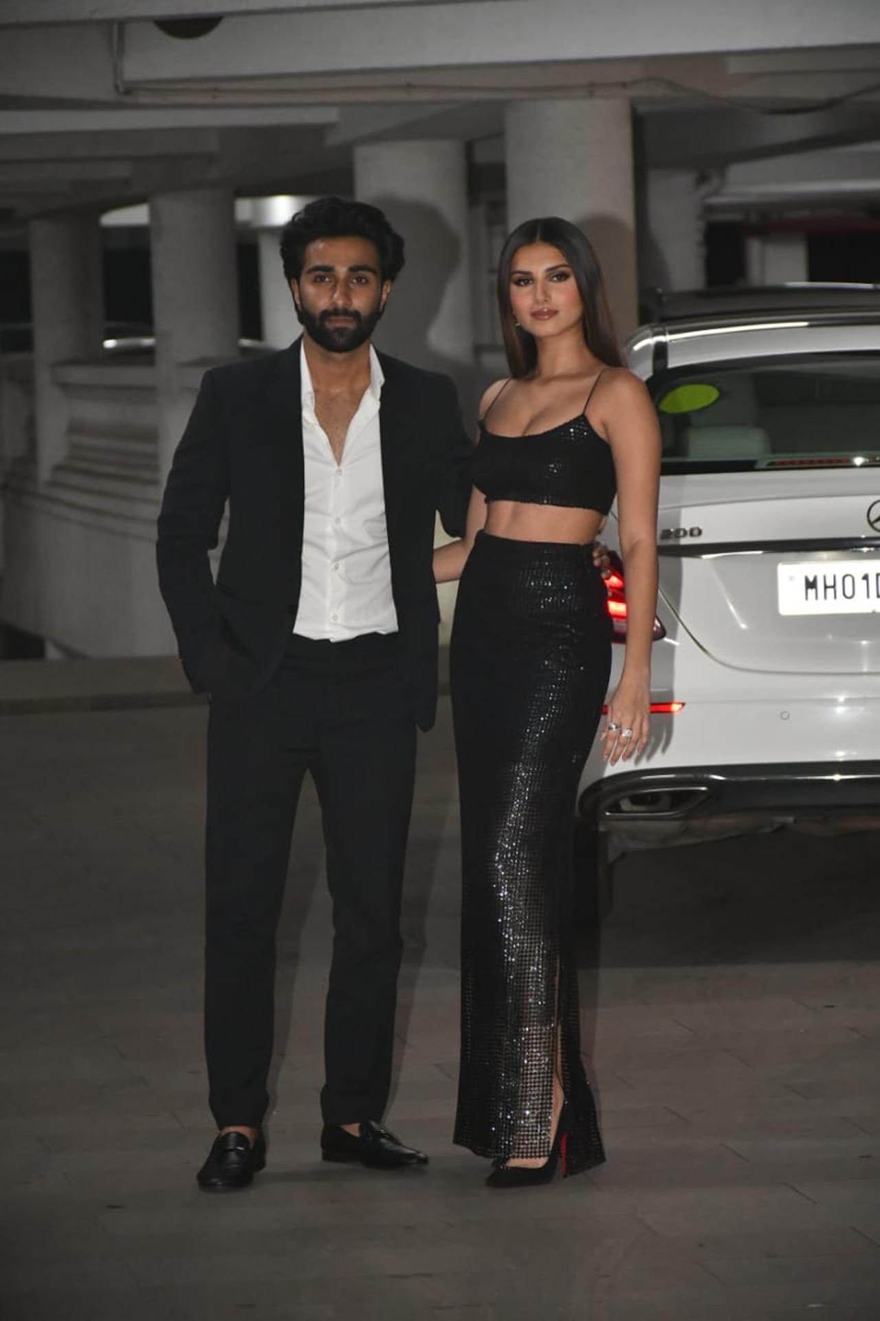 Tara Sutatia showed off her glamourous side in a glittery outfit as she attended the party with her beau Aadar Jain.